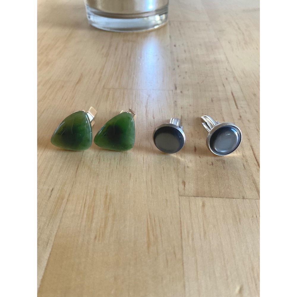 Vintage Cufflink Bundle Green Jade Triangle Gold Tone & Round Grey Silver Tone